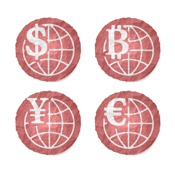 Crumpled slip of papers and a different currency icons — Stock Vector
