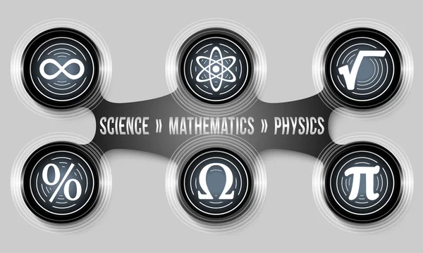 Zwarte circulaire object en zes natuurkunde pictogrammen — Stockvector