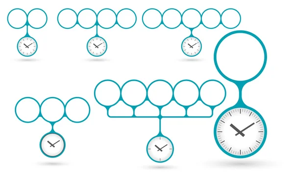 Set di cinque oggetti con aree di testo circolari e orologi — Vettoriale Stock
