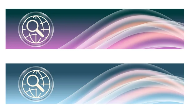 Uppsättning av två banners med färgade regnbågen och globe och förstoringsglas — Stock vektor