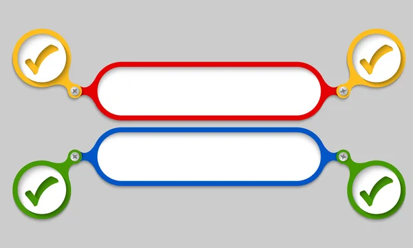 Farbige Rahmen, die durch einen Bolzen und ein Kontrollkästchen verbunden sind — Stockvektor