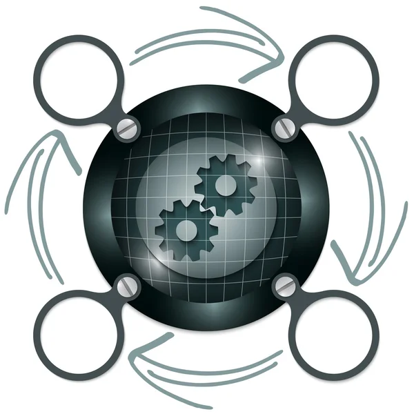 歯車と矢印の付いたテキストの暗い円形フレーム — ストックベクタ