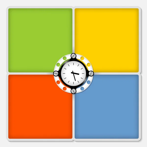 Cuatro marcos de colores para texto blanco y relojes — Vector de stock