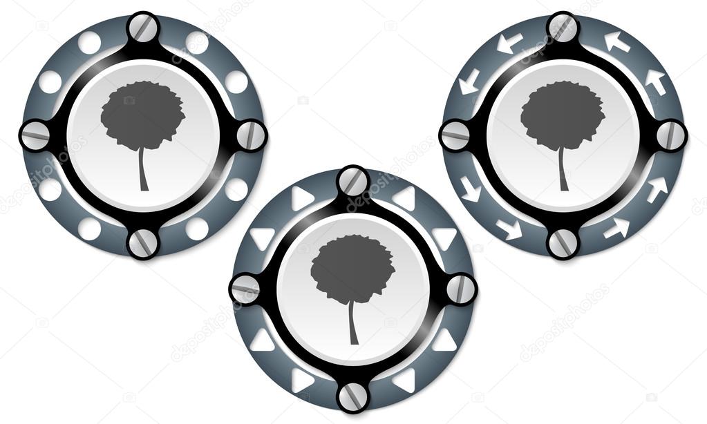 Set of three icons with perforated ring and tree symbol