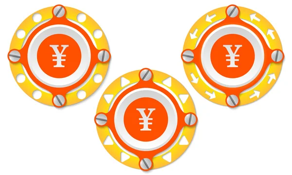 Set aus drei Symbolen mit perforiertem Ring und Yen-Symbol — Stockvektor
