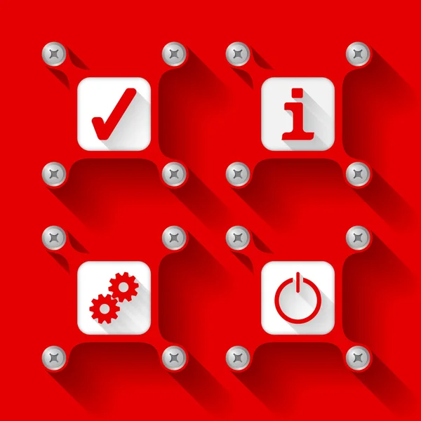 Vier rode objecten met schroeven en pictogrammen — Stockvector