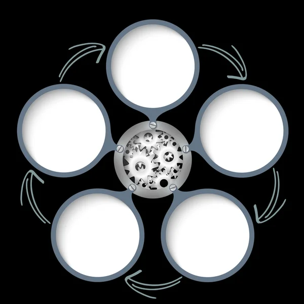 Cinque caselle di testo con frecce e ruote dentate — Vettoriale Stock