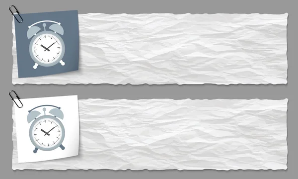 Conjunto de dos banners con papel arrugado y despertador — Vector de stock