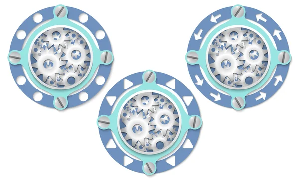 Conjunto de tres iconos con anillo perforado y ruedas dentadas — Vector de stock