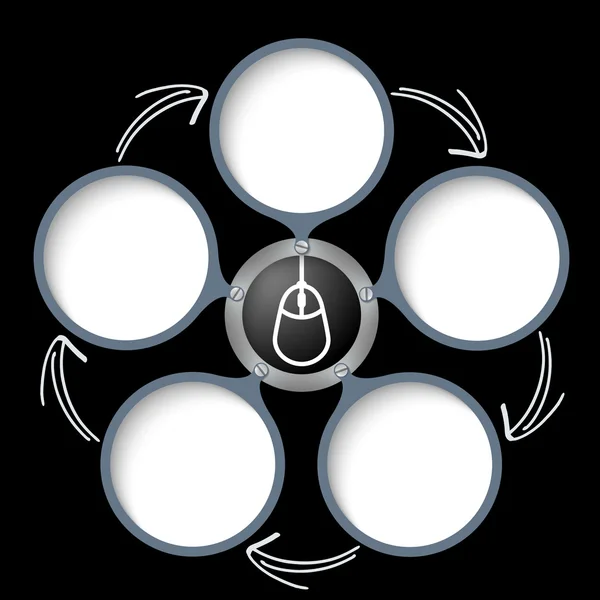 Cinque caselle di testo con frecce e simbolo del mouse bianco — Vettoriale Stock