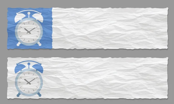 Set of two banners with crumpled paper and alarm clock — ストックベクタ