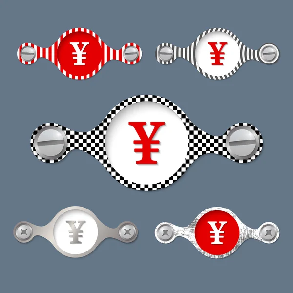 Cinque oggetti astratti con motivo e icona yen — Vettoriale Stock