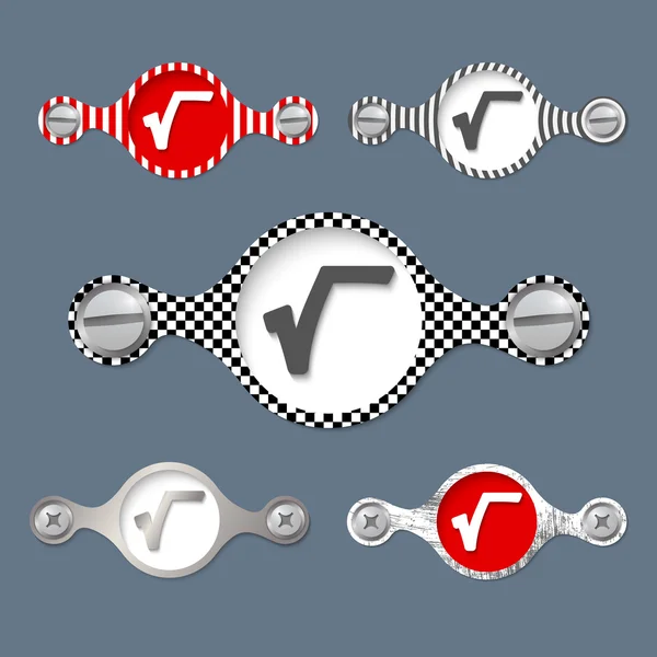 Vijf abstracte objecten met patroon en radix symbool — Stockvector