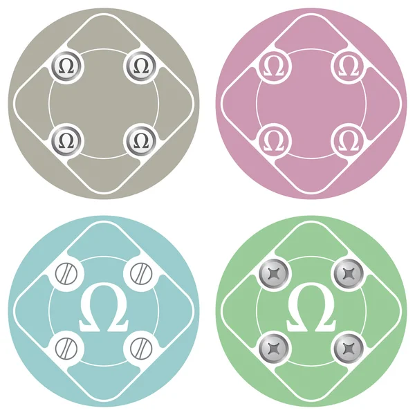 Set van vier gekleurde plat eenvoudige frames en omega symbool — Stockvector