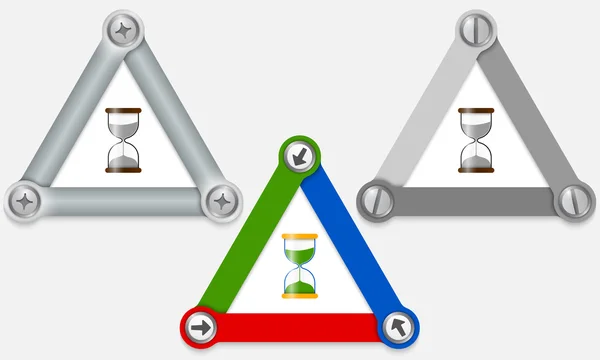 Sada tří barevné trojúhelníky a pískové sklo — Stockový vektor