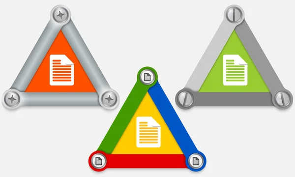 Ensemble de trois triangles colorés et icône de document — Image vectorielle