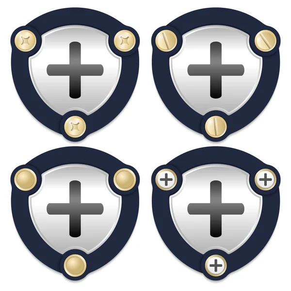 Ensemble de quatre icônes abstraites avec vis dorées et symbole plus — Image vectorielle