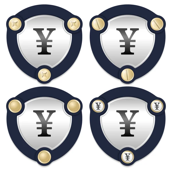 Set di quattro icone astratte con viti dorate e simbolo yen — Vettoriale Stock