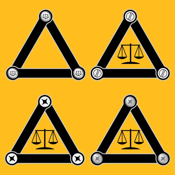 Σύνολο τεσσάρων τριγώνων επίπεδη απλό με βίδες και σύμβολο της δικαιοσύνης — Διανυσματικό Αρχείο
