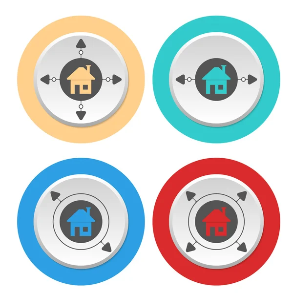 Quatre icônes abstraites circulaires colorées et symbole de la maison — Image vectorielle