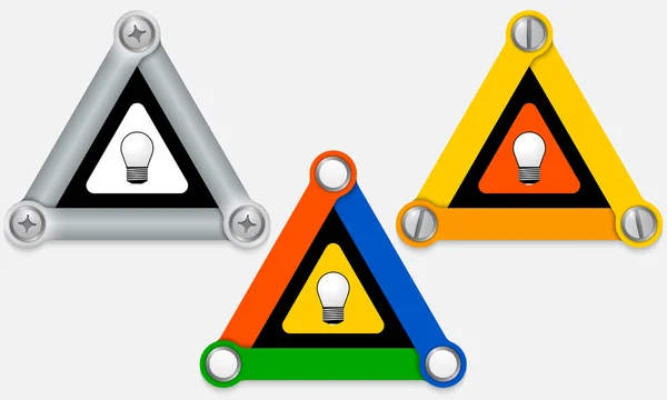 Set di tre triangoli colorati e lampadina — Vettoriale Stock