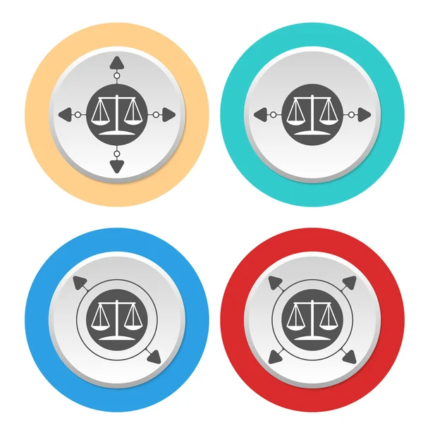 Quatre icônes circulaires abstraites colorées et symbole de justice — Image vectorielle