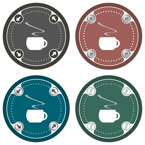 Set mit vier farbigen flachen Symbolen und einer Tasse Kaffee — Stockvektor