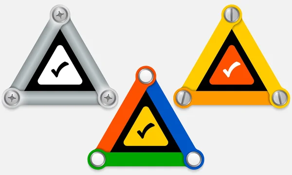 Set aus drei farbigen Dreiecken und Kontrollkästchen — Stockvektor