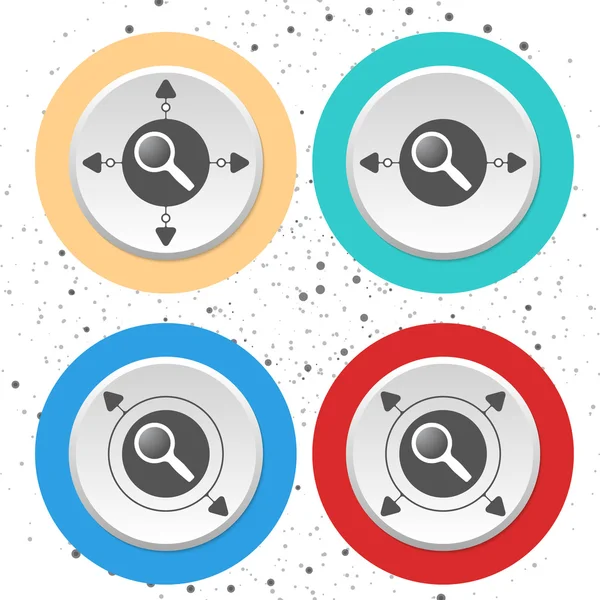 Vier cirkelvormige abstracte gekleurde pictogrammen en vergrootglas — Stockvector