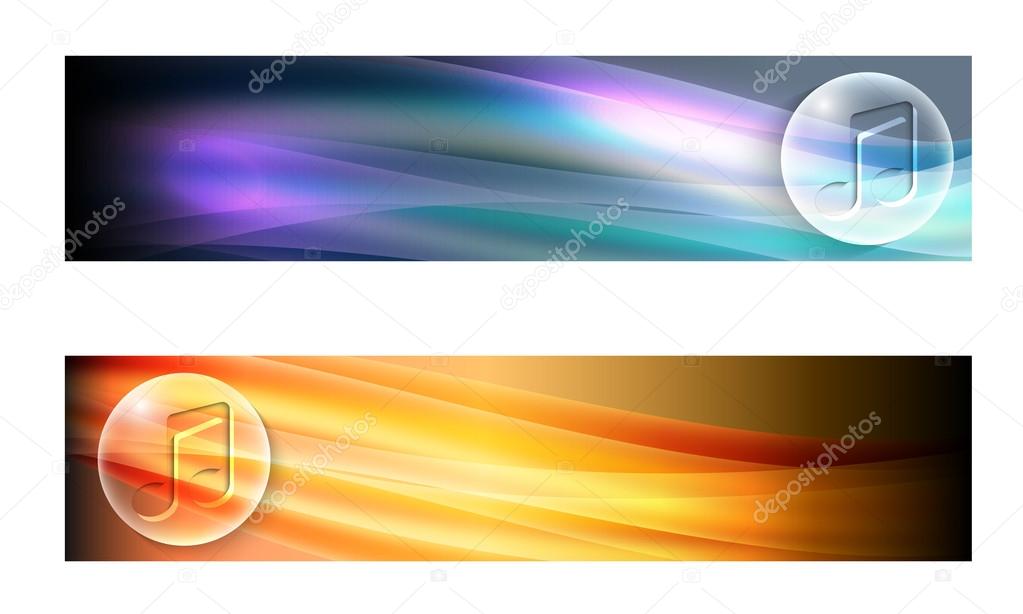 Set of two banners with waves and transparent music symbol