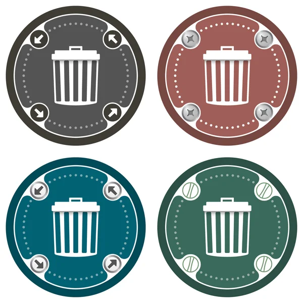 Set di quattro icone piatte colorate e cestino — Vettoriale Stock