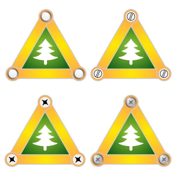 Ensemble de quatre triangles plats simples avec vis et symbole de l'arbre — Image vectorielle