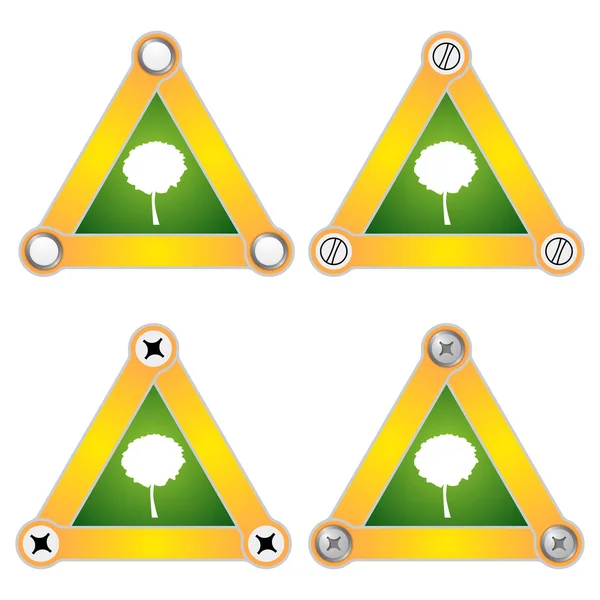 Set di quattro triangoli piatti semplici con viti e simbolo dell'albero — Vettoriale Stock