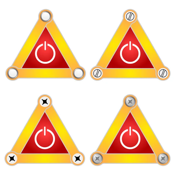 Conjunto de cuatro triángulos planos simples con tornillos y botón de encendido — Vector de stock