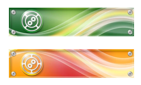 Sada dvou bannerů s barevnými rainbow a ozubená kola — Stockový vektor