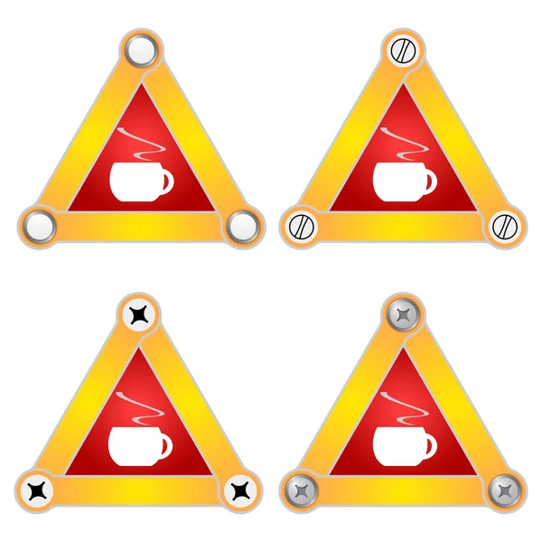 Set van vier plat eenvoudige driehoeken met schroeven en kopje koffie — Stockvector