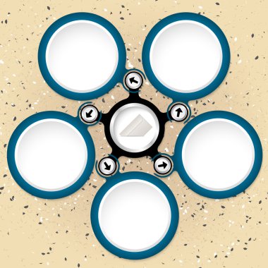 Beş karanlık dairesel metin kutuları ve zarf simgesi