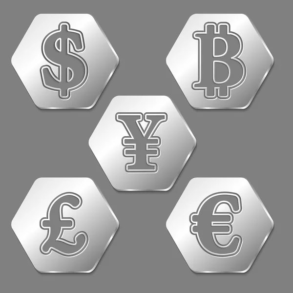 Set of five hexadons with symbols of currencies — Stock Vector