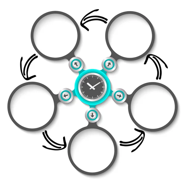 Cinco cuadros de texto circulares abstractos y relojes — Vector de stock