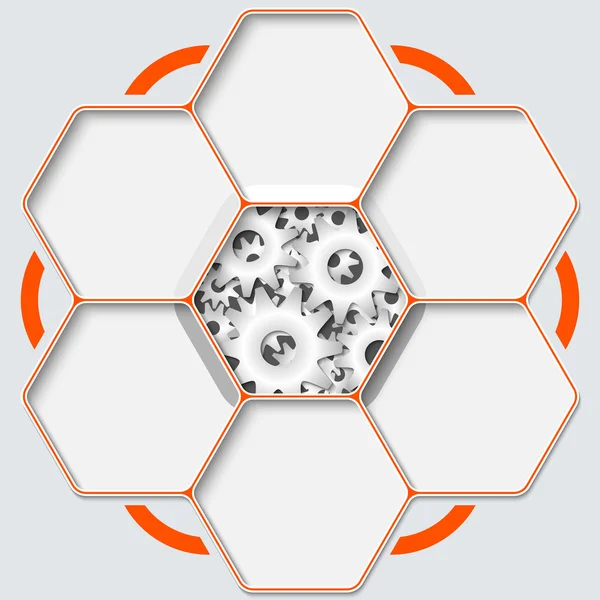 Ensemble de sept hexagones pour votre texte et roues dentées — Image vectorielle