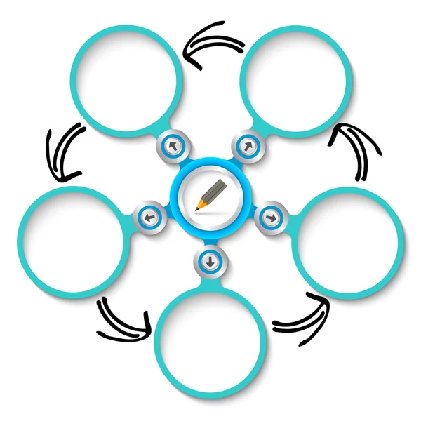 Vijf abstracte circulaire tekstvakken en potlood — Stockvector