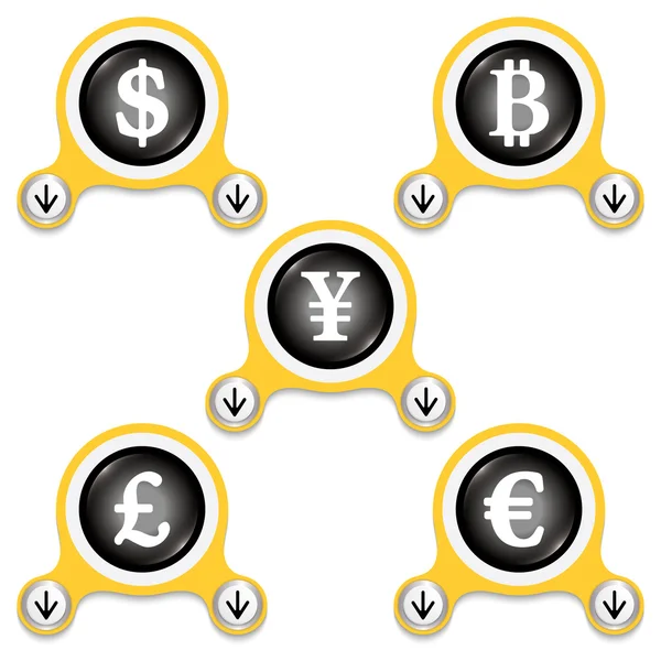 Yellow abstract icons and currencies symbols — Stock Vector
