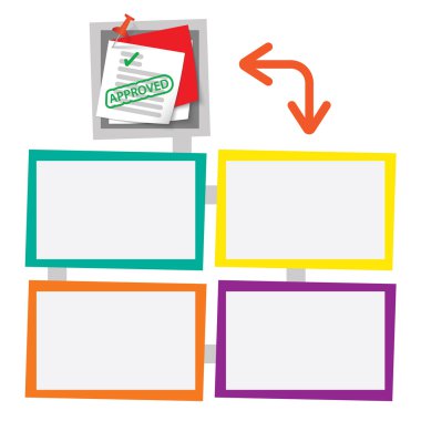 Raptiye ve soru formu ile metin için dört renkli çerçeveler