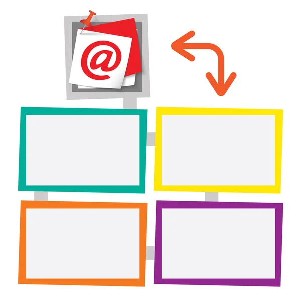 Cuatro marcos de colores para su texto con pulsador y símbolo de correo electrónico — Vector de stock