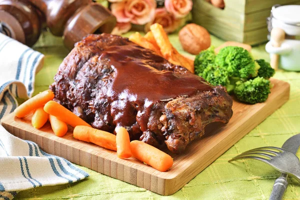 Grilled Smoked Pork Ribs Barbeque Sauce Wooden Board — Stock Photo, Image