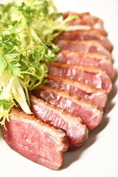 Delicious Sliced Grilled Duck Breast White Plate — Stock Photo, Image