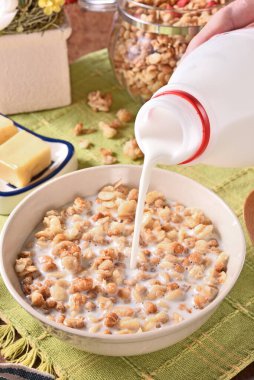 Kavanozda süt ile meyveli granola.  