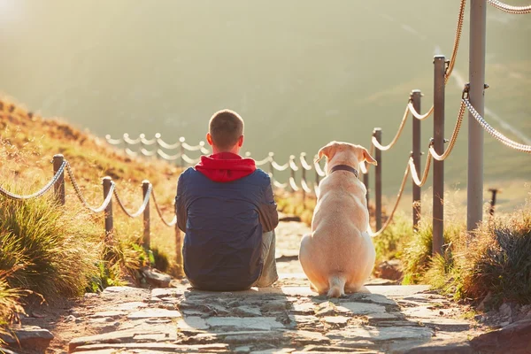 山での旅行で犬と一緒に男 — ストック写真