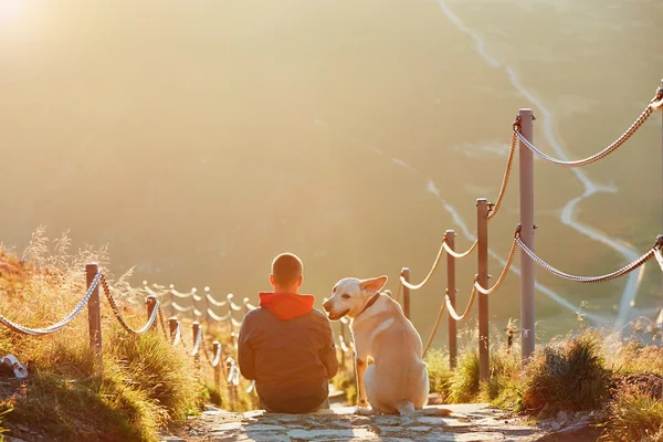 Hombre con perro en el viaje por las montañas Imagen De Stock