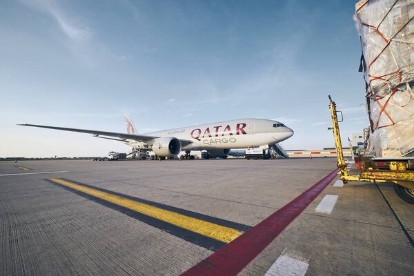 Prague, Czech Republic - August 13, 2020: Cargo airplane Boeing 777F of Qatar Airways at Vaclav Havel Airport Prague in Czech Republic on August 13, 2020.